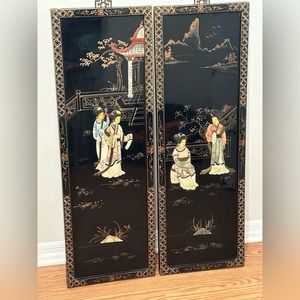 2 Vintage Asian Mother Of Pearl Soapstone Framed Art Wall Plaques | Black/Gold